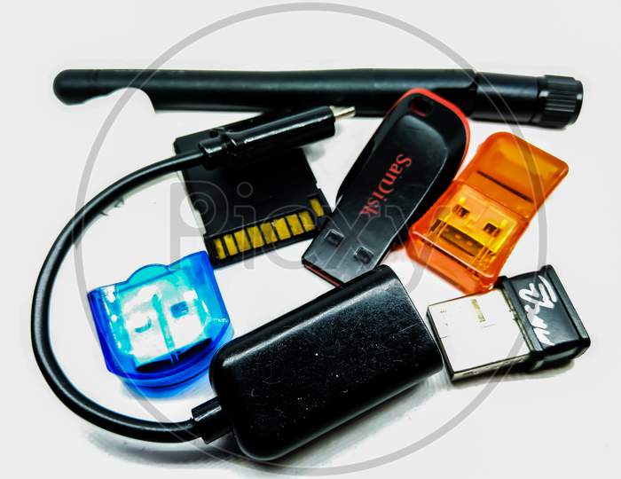 Memory Sticks,  memory Cards , Card Readers and USB Devices over an isolated White Background