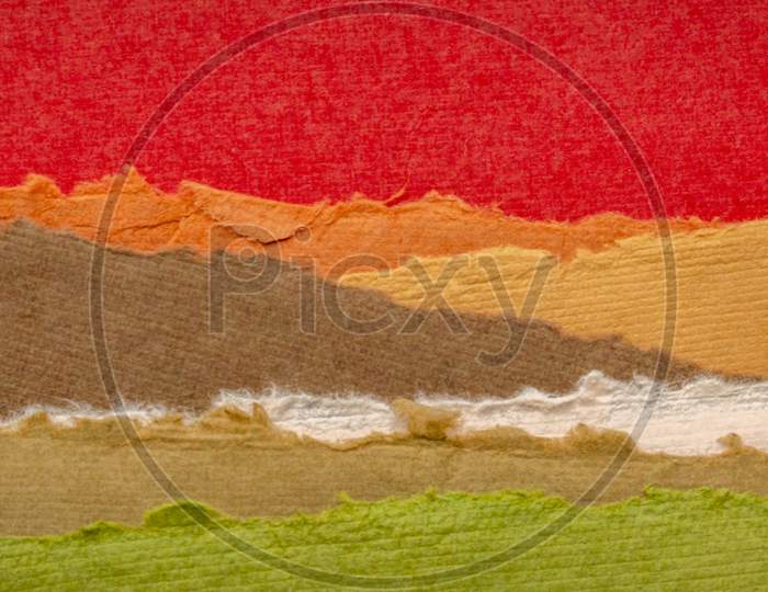 Red Sunset Or Sunrise Over Green Fields Abstract Panorama Landscape  - A Collection Of Colorful Handmade Indian Papers Produced From Recycled Cotton Fabric
