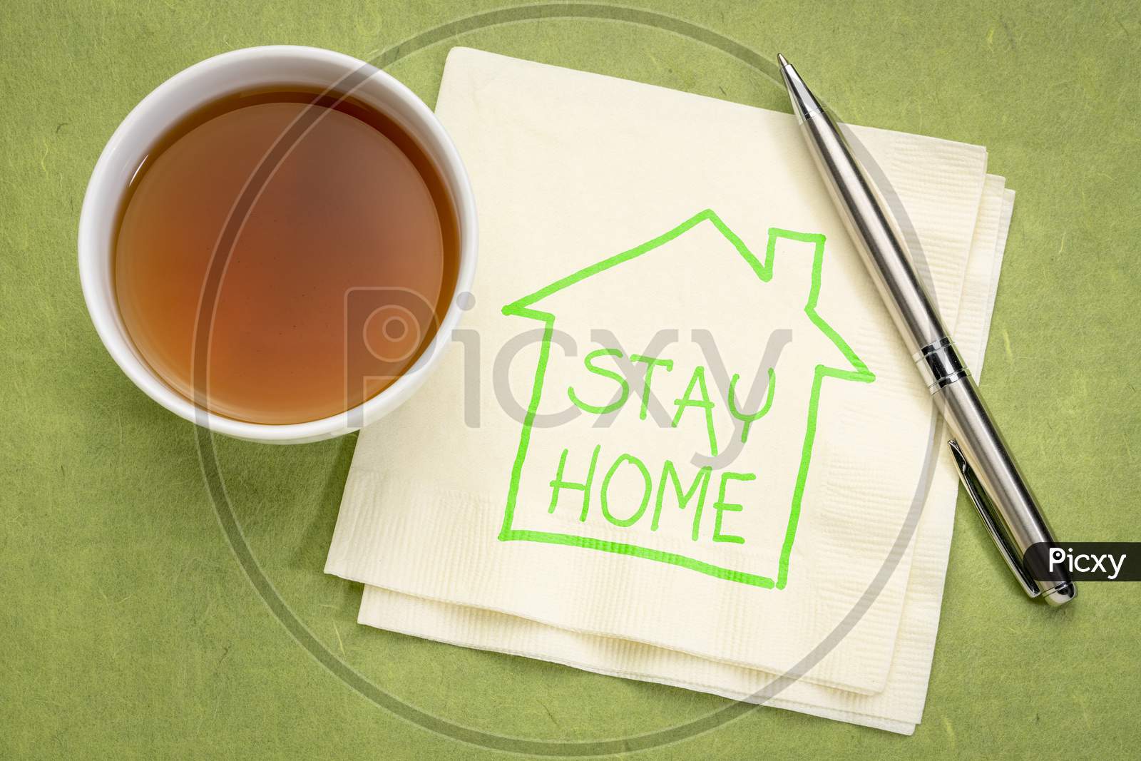 Stay Home Reminder During Coronavirus Pandemic - Napkin Doodle With A Cup Of Tea, Social Distancing Concept
