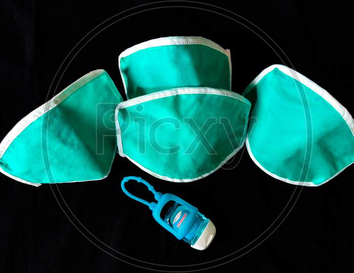 Corona Protection Kit, Antiviral Medical Protection Mask & Hand Sanitizer Specially For Corona Virus, COVID-19 On Black Background