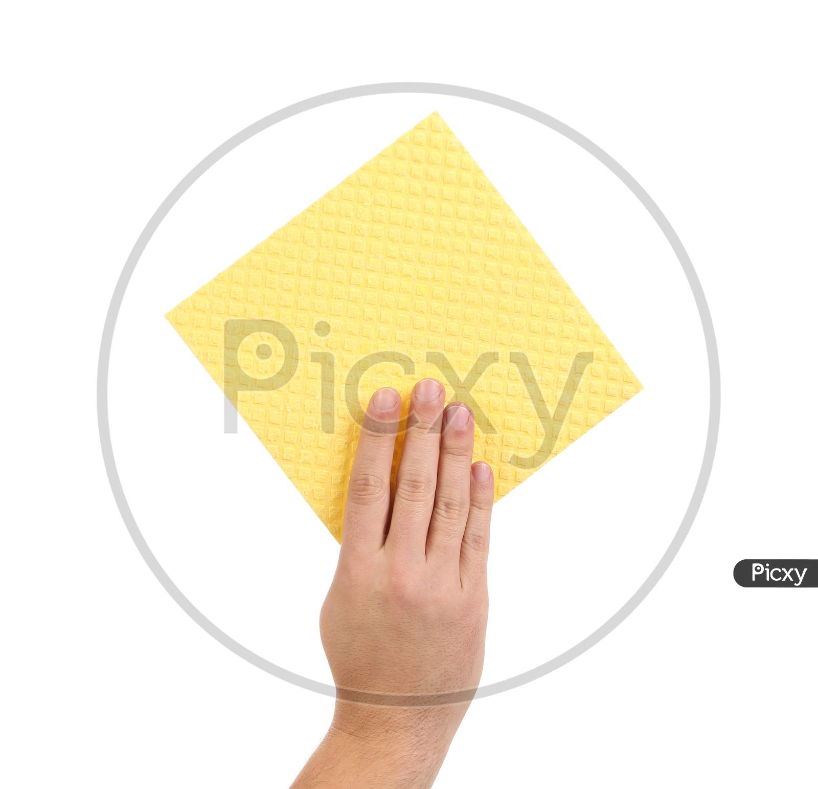 Hand Holds Yellow Cleaning Sponge. Isolated On A White Background.