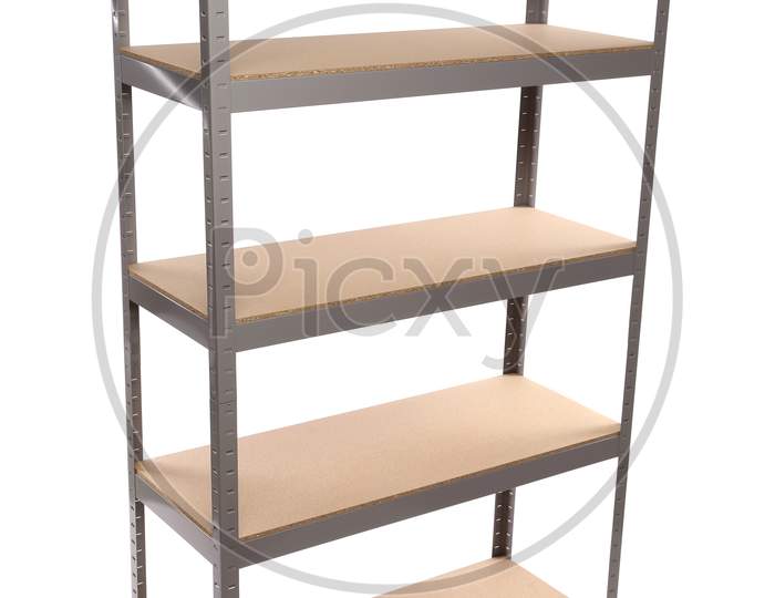 Metal Industrial Storage Shelves. Isolated On A White Background.