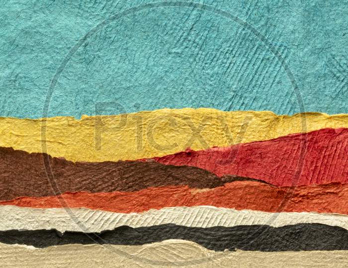 Abstract Desert Panorama Landscape  Created With Sheets Of Textured Colorful Handmade Paper