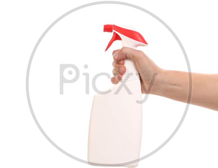 Hand Holding White Plastic Spray Bottle. Isolated On A White Background.