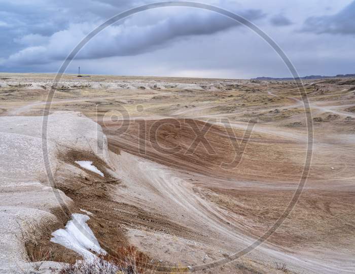 Dark Stormy Clouds Over Prairie - Main Draw Ohv Area, Pawnee National Grassland In Northern Colorado Near Wyoming Border In Winter Or Early Spring Scenery