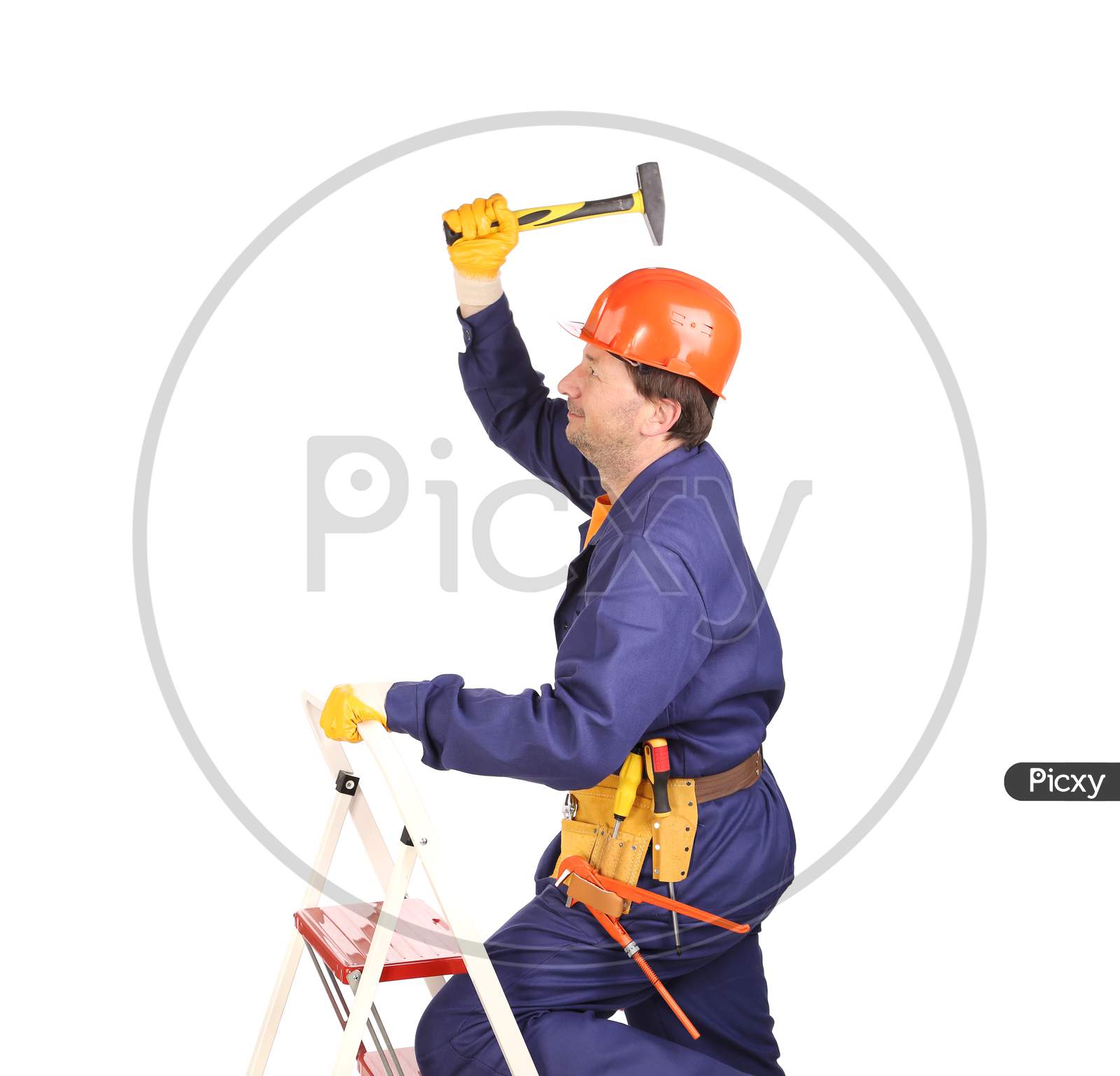 Worker On Ladder With Hammer. Isolated On A White Background.
