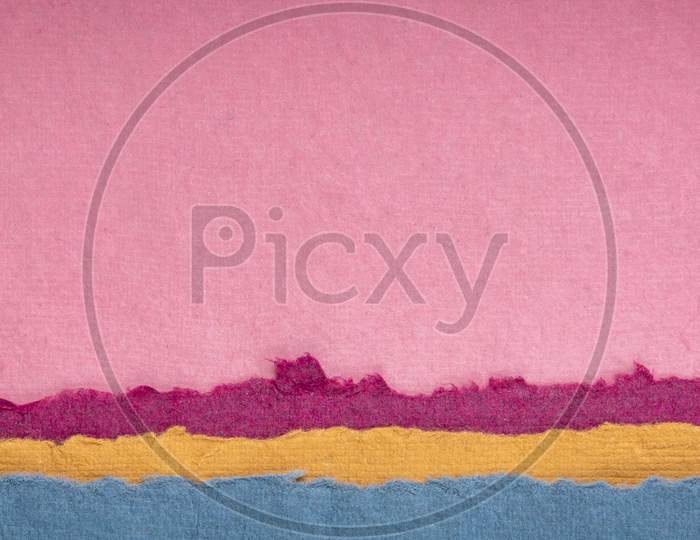 Pink Sunrise Or Sunset Over Sea Abstract Landscape - A Collection Of Colorful Handmade Indian Papers Produced From Recycled Cotton Fabric, Panoramic Web Banner