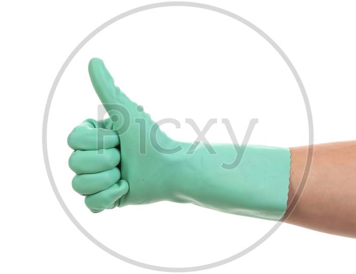 Hand Shows Thumb Up In Rubber Glove. Isolated On A White Background.