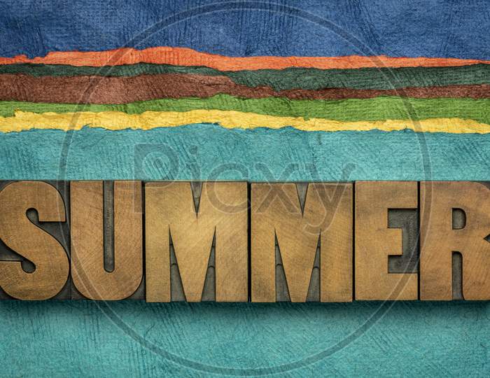Summer Word In Vintage Letterpress Wood Type Against Abstract Sea And Beach Landscape Created With Handmade Textured Paper - Travel, Vacation And Recreation Concept