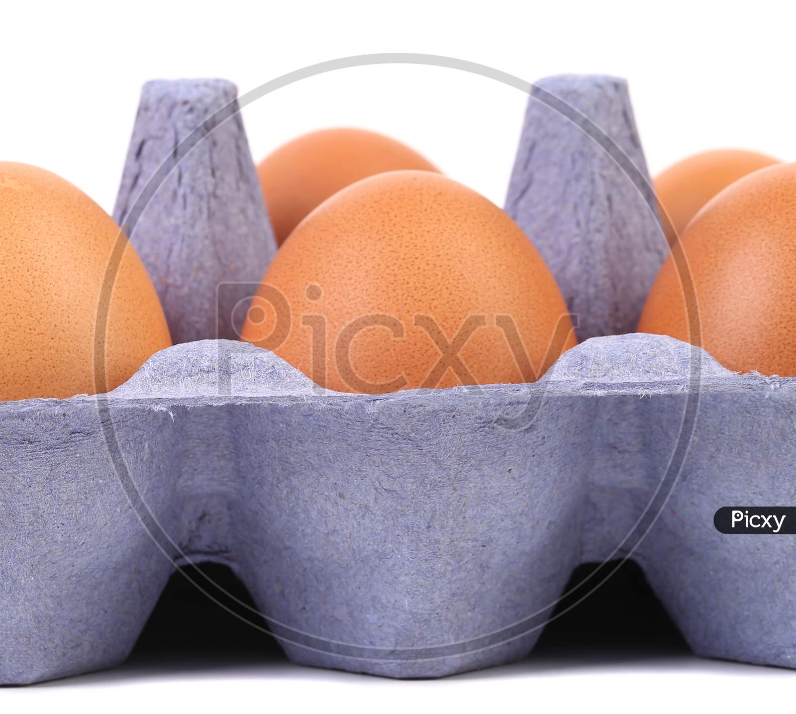 Brown Eggs In Egg Box. Isolated On A White Background.