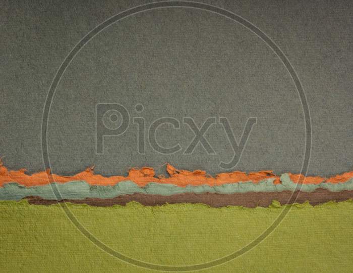 Abstract Landscape In Green, Brown And Orange Tones - A Collection Of Colorful Handmade Indian Papers Produced From Recycled Cotton Fabric