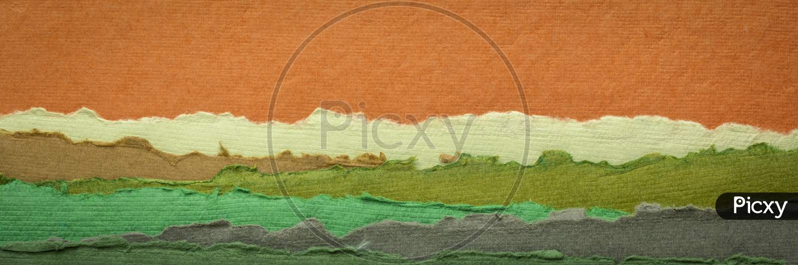 Abstract Panorama Landscape With Sunset Sky And Green Fields - A Collection Of Colorful Handmade Indian Papers Produced From Recycled Cotton Fabric