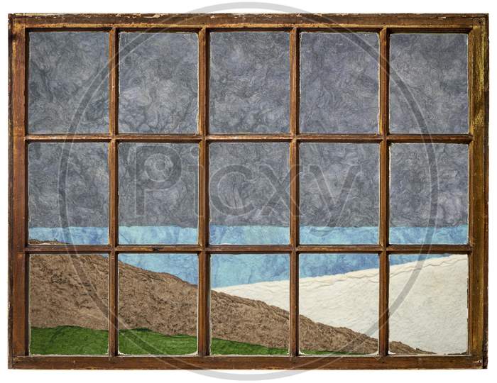 Abstract Lake And Valley Landscape Created With Handmade Sheets Of Rough Paper As Seen Through A Vintage Sash Window