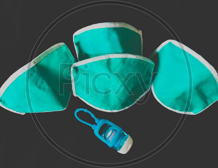 Corona Protection Kit, Antiviral Medical Protection Mask & Hand Sanitizer Specially For Corona Virus, COVID-19 On Black Background