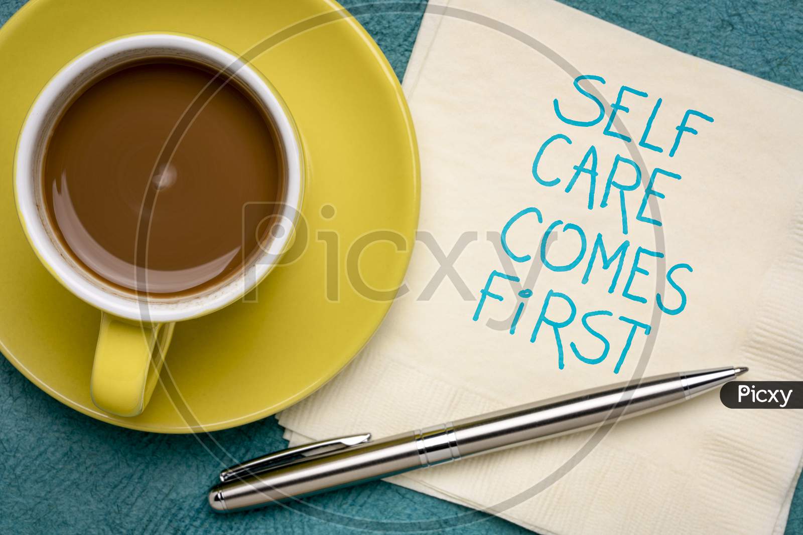 Self Care Comes First Inspirational Reminder - Handwriting On A Napkin With Coffee, Body Positive, Mental Health Slogan
