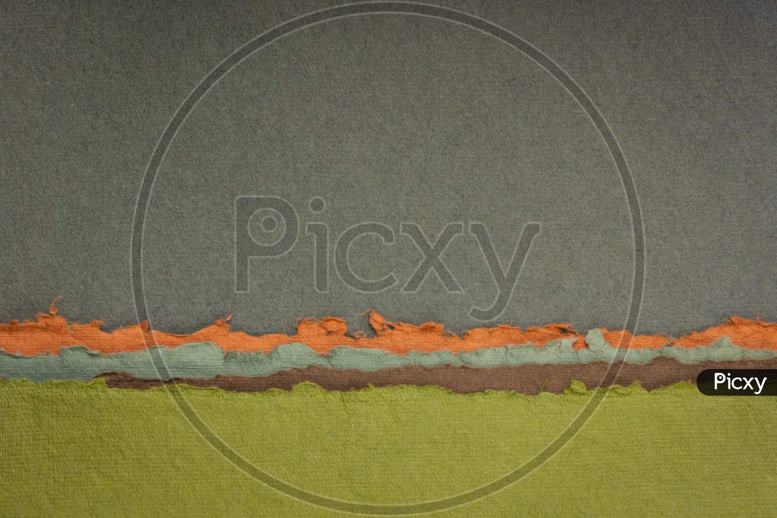 Abstract Landscape In Green, Brown And Orange Tones - A Collection Of Colorful Handmade Indian Papers Produced From Recycled Cotton Fabric