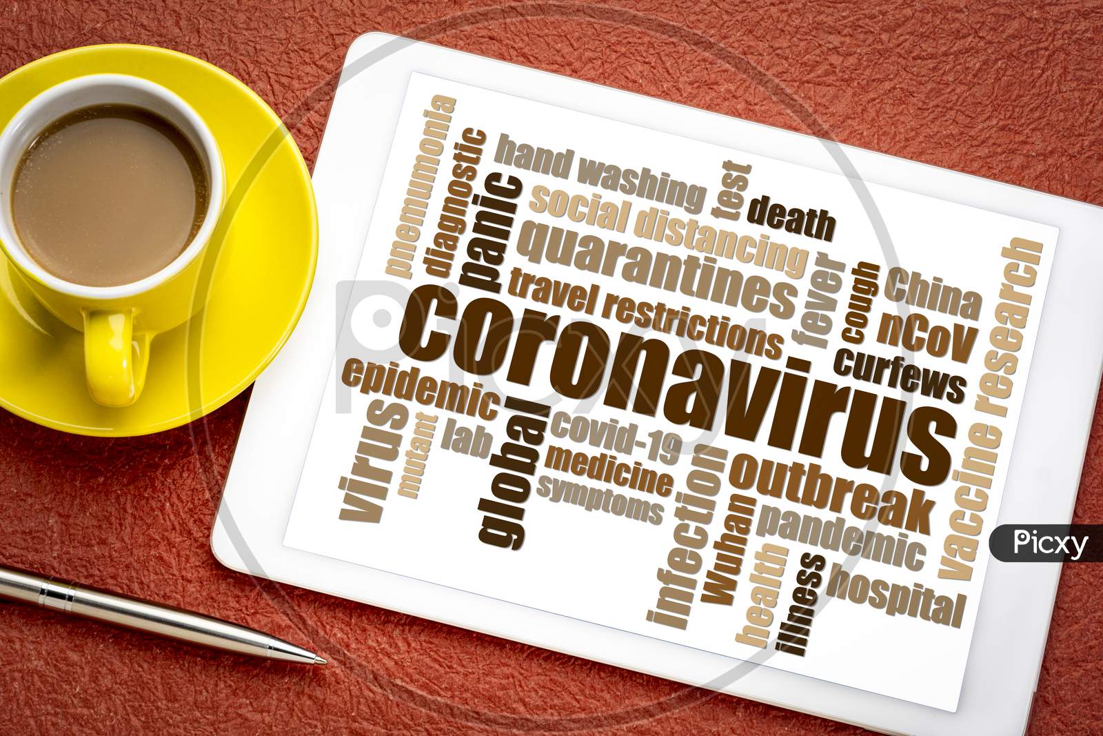 Coronavirus, Covid-19 Virus Outbreak Word Cloud On A Digital Tablet, Health, Medical And Social Concept
