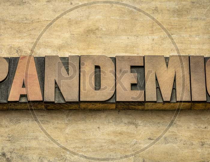 Pandemic Word In Letterpress Wood Type Against Textured Handmade Paper