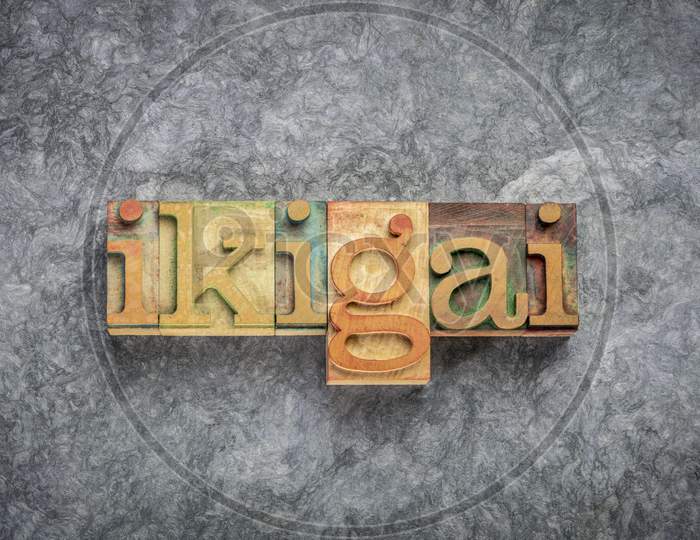 Ikigai - Japanese Concept  Of A Reason For Being, Life Purpose Or A Reason To Wake Up  - Word In Vintage Letterpress Wood Type Against Textured Handmade Paper, Lifestyle, Career And Personal Development