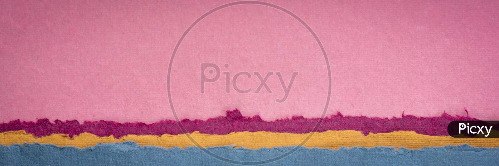 Pink Sunrise Or Sunset Over Sea Abstract Landscape - A Collection Of Colorful Handmade Indian Papers Produced From Recycled Cotton Fabric, Panoramic Web Banner