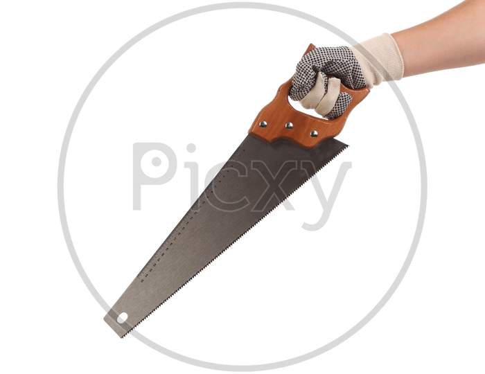 Close Up Of Hand In Gloves With Saw. Isolated On A White Background.