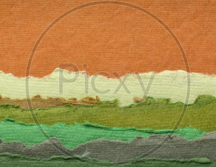 Abstract Panorama Landscape With Sunset Sky And Green Fields - A Collection Of Colorful Handmade Indian Papers Produced From Recycled Cotton Fabric