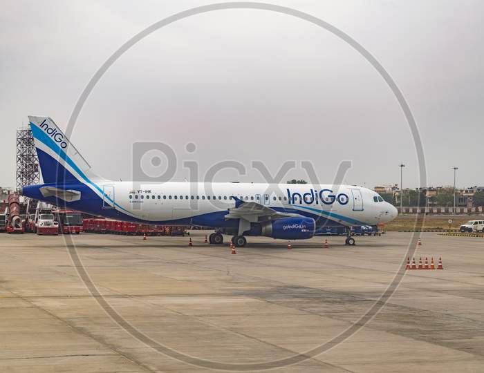 Indigo airlines aeroplane at the Jaipur airport