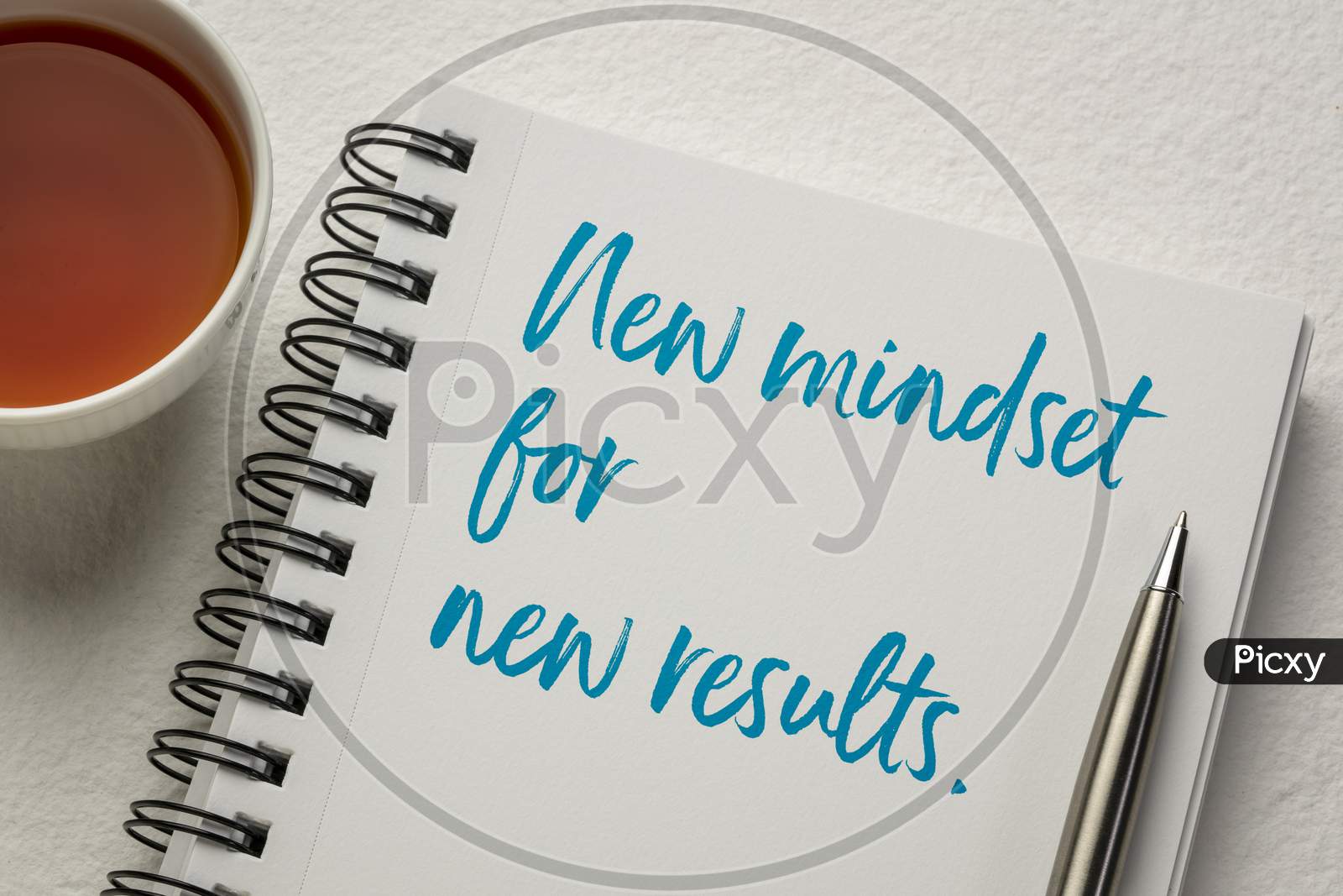 New Mindset And New Results Concept - Handwriting In A Sketchbook With A Cup Of Tea. Business, Creativity And Personal Development.