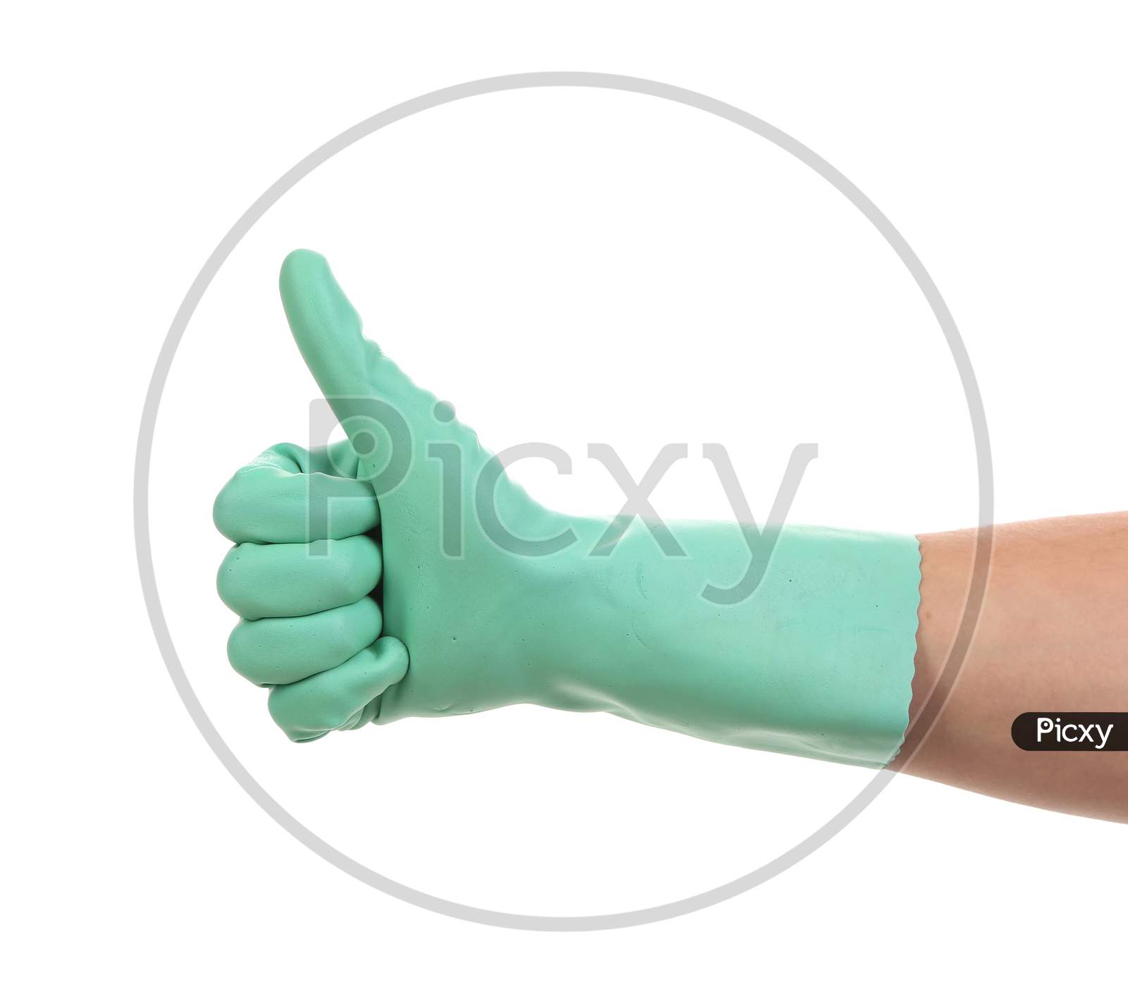 Hand Shows Thumb Up In Rubber Glove. Isolated On A White Background.