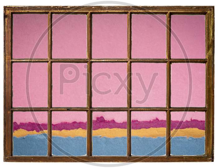 Abstract Pink Dusk Or Dawn Over Lake  Landscape Seen From A Vintage Sash Window, Abstract Created With Sheets Of Textured Colorful Indian Handmade Paper