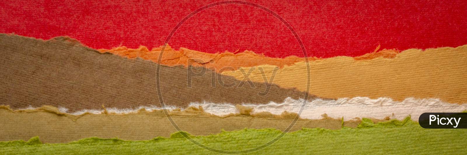 Red Sunset Or Sunrise Over Green Fields Abstract Panorama Landscape  - A Collection Of Colorful Handmade Indian Papers Produced From Recycled Cotton Fabric