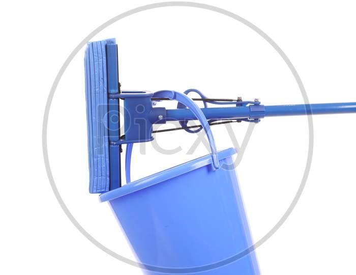 Blue Bucket With Sponge Mop. Isolated On A White Background.