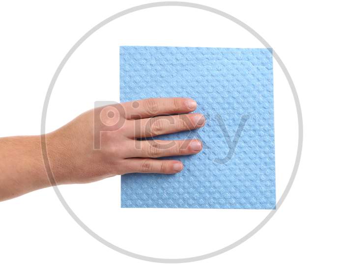 Hand Holds Blue Cleaning Sponge. Isolated On A White Background.