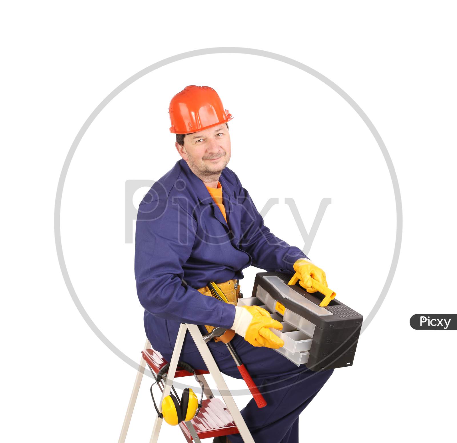 Worker On Ladder With Hammer And Toolbox. Isolated On A White Background.