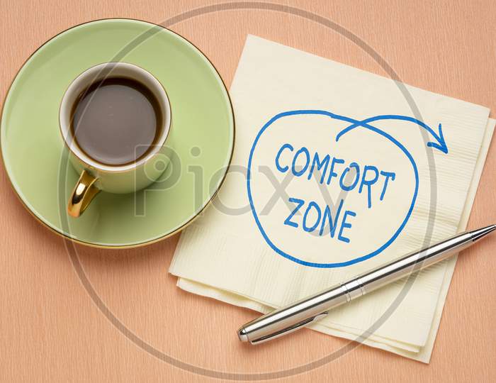 Step Out Of Comfort Zone Concept - Motivational Doodle On A Napkin With A Cup Of Coffee, Challenge, Motivation And Personal Development