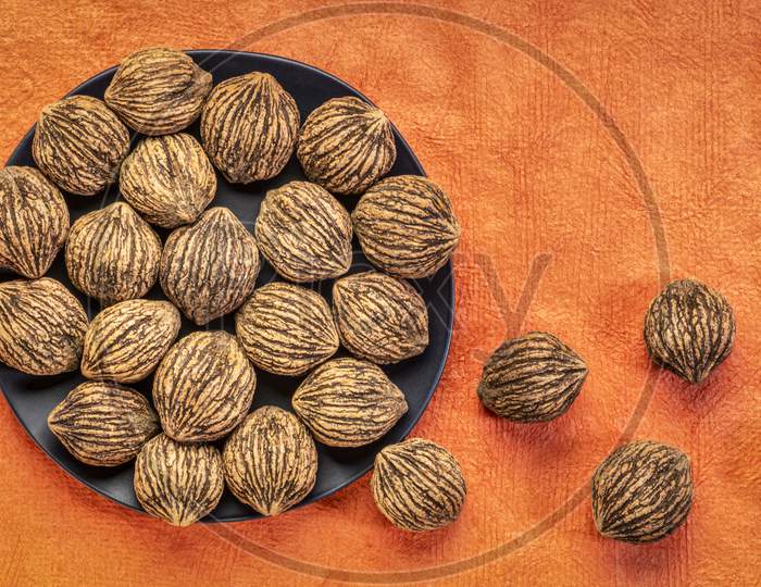 Black Walnuts On A Black Plate And Orange Textured Paper Background With A Copy Space