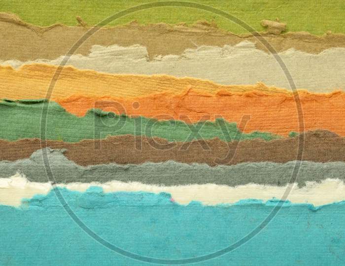 Sea And Hills Panorama - Abstract Landscape In Blue, Green And Orange Tones - A Collection Of Colorful Handmade Indian Papers Produced From Recycled Cotton Fabric