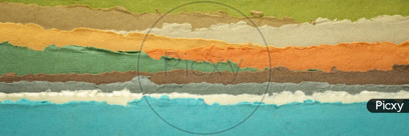 Sea And Hills Panorama - Abstract Landscape In Blue, Green And Orange Tones - A Collection Of Colorful Handmade Indian Papers Produced From Recycled Cotton Fabric