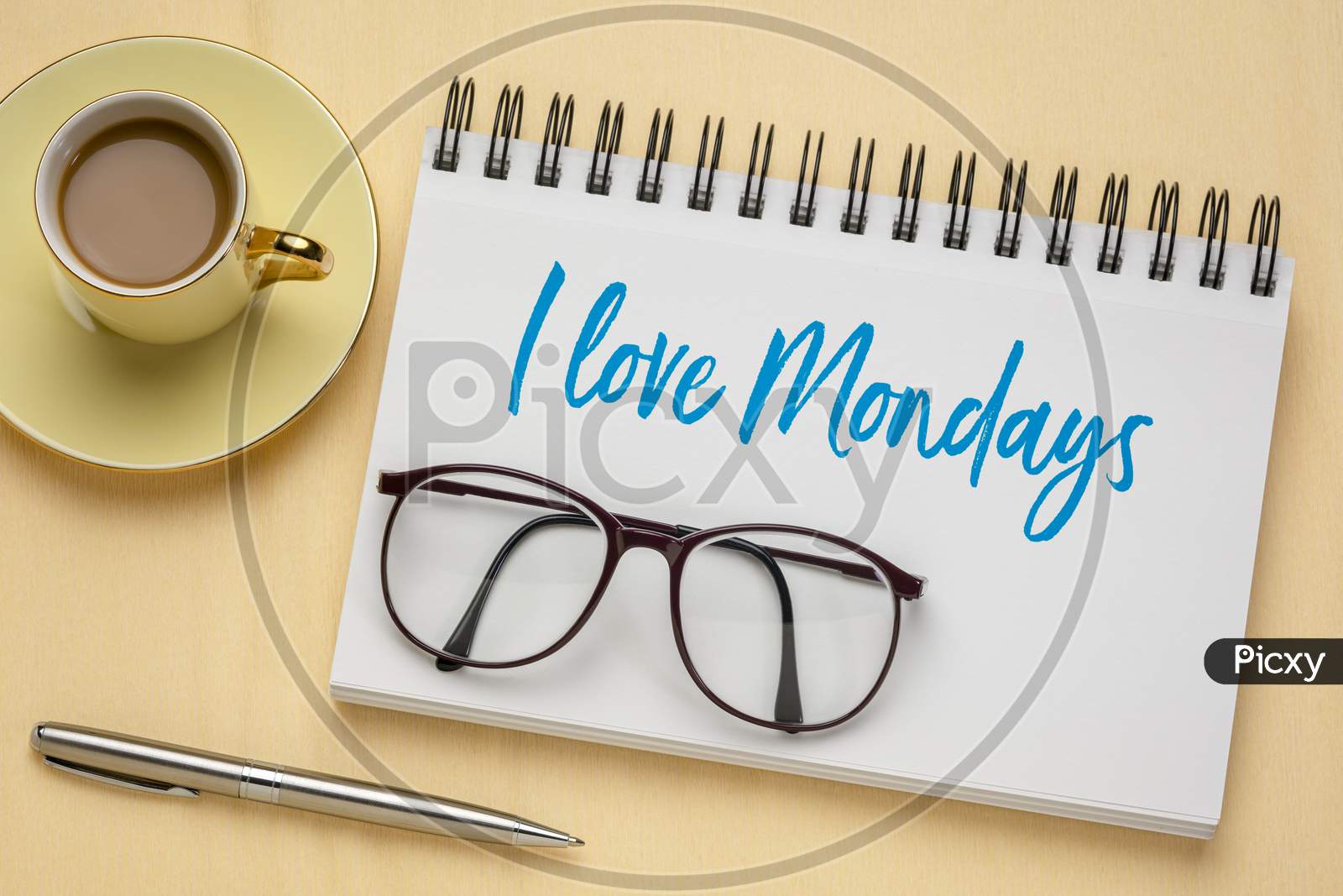 I Love Mondays - Handwriting  In A Sketchbook With A Cup Of Coffee, Positive Attitude And Mindset Concept
