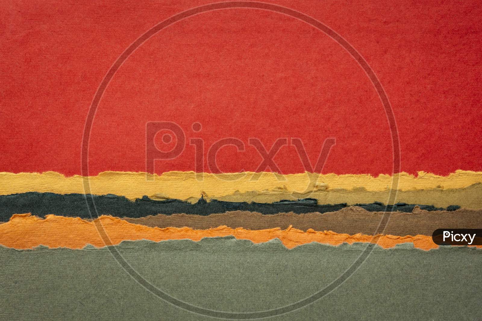 Red Sunset Or Sunrise Abstract Landscape In Red And Yellow Tones - A Collection Of Colorful Handmade Indian Papers Produced From Recycled Cotton Fabric