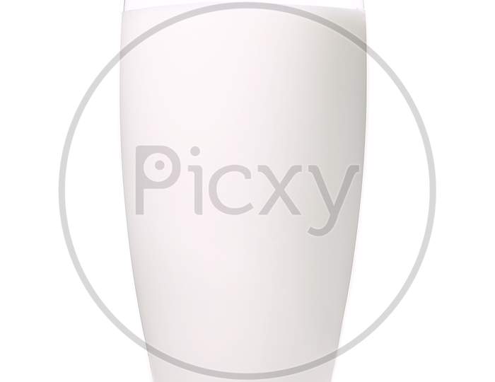 Close Up Of Glass Of Milk. Isolated On A White Background.