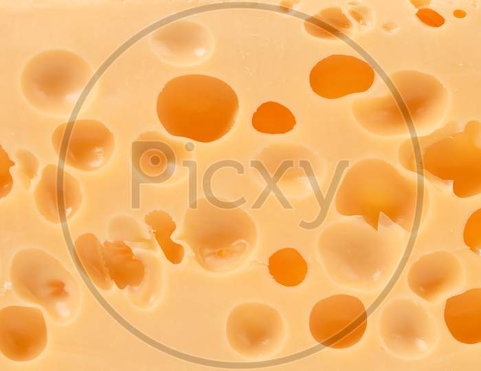 Close Up Of Texture Dutch Cheese. Whole Background.