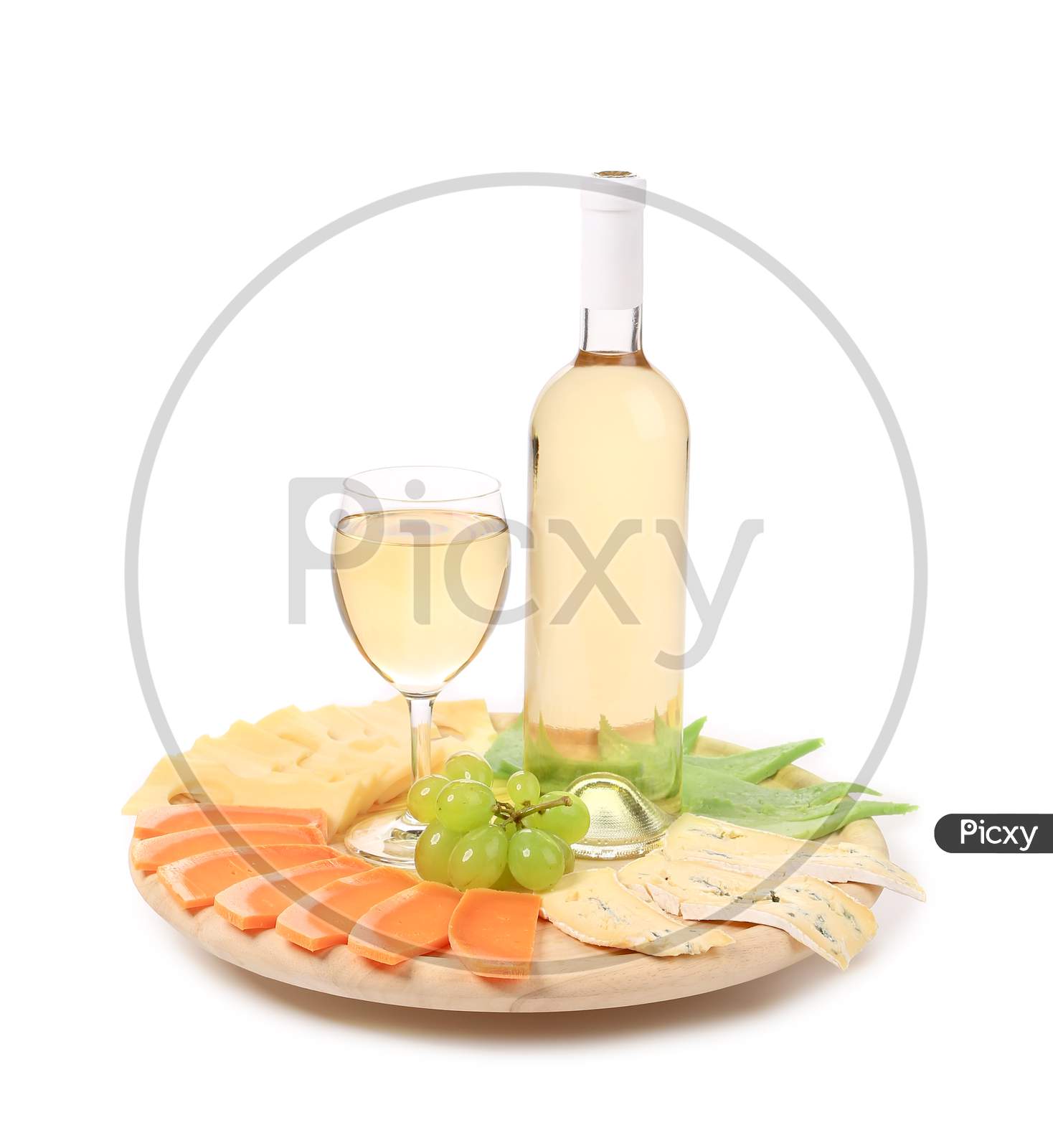 Wine And Cheese Composition. Isolated On A White Background.