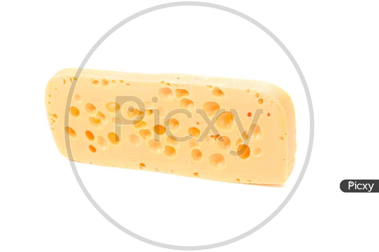 Close Up Of Cheese Slice. Isolated On A White Background.