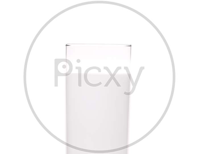 Close Up Of Tall Glass Of Milk. Isolated On A White Background.