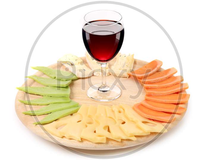 Red Wine And Cheese Composition. Isolated On A White Background.