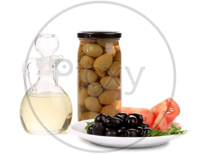 Bottle And Bowl Of Olives With Vinegar. Isolated On A White Background.