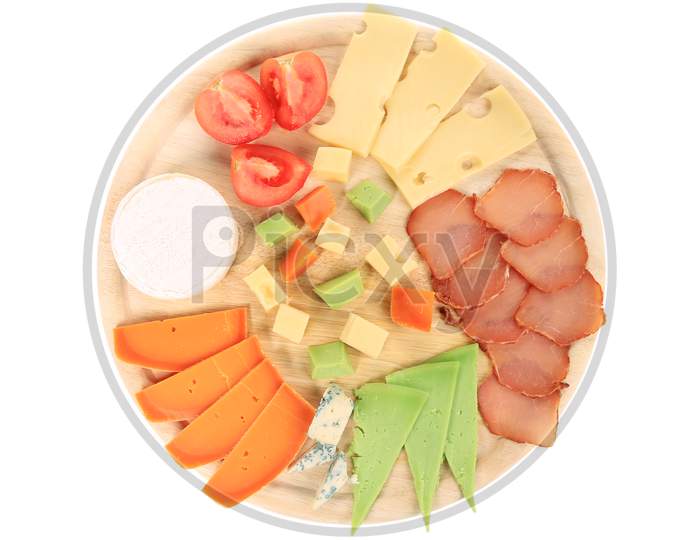 Various Types Of Cheese On Wooden Platter. Isolated On A White Background.