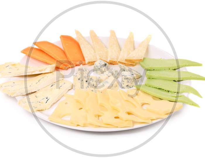 Types Of Cheese On Wooden Platter. Isolated On A White Background.