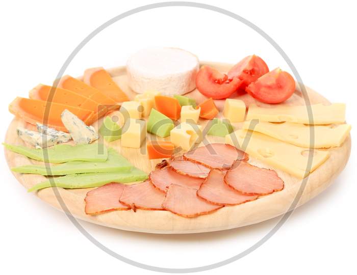 Various Cheese On Wooden Platter. Isolated On A White Background.